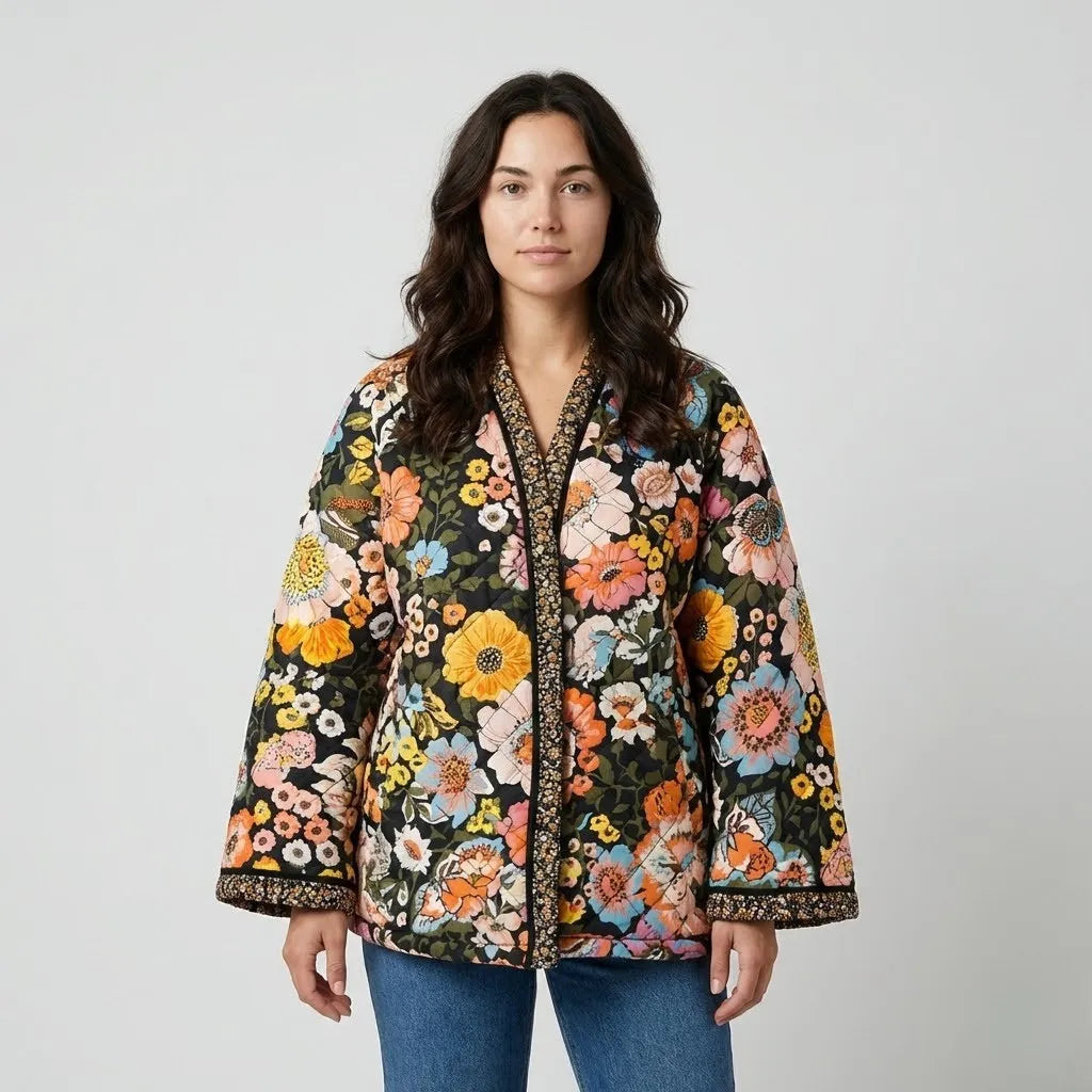 Floral Patterned Loose Fit Quilted Jacket
