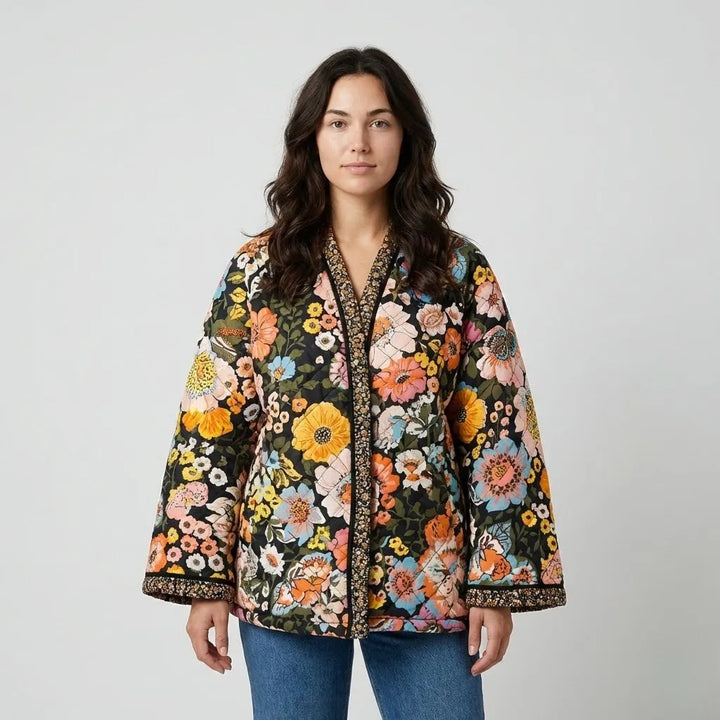 Floral Patterned Loose Fit Quilted Jacket