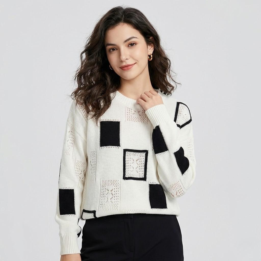 Modern Geometric Pattern Loose-Fit Knitted Sweater