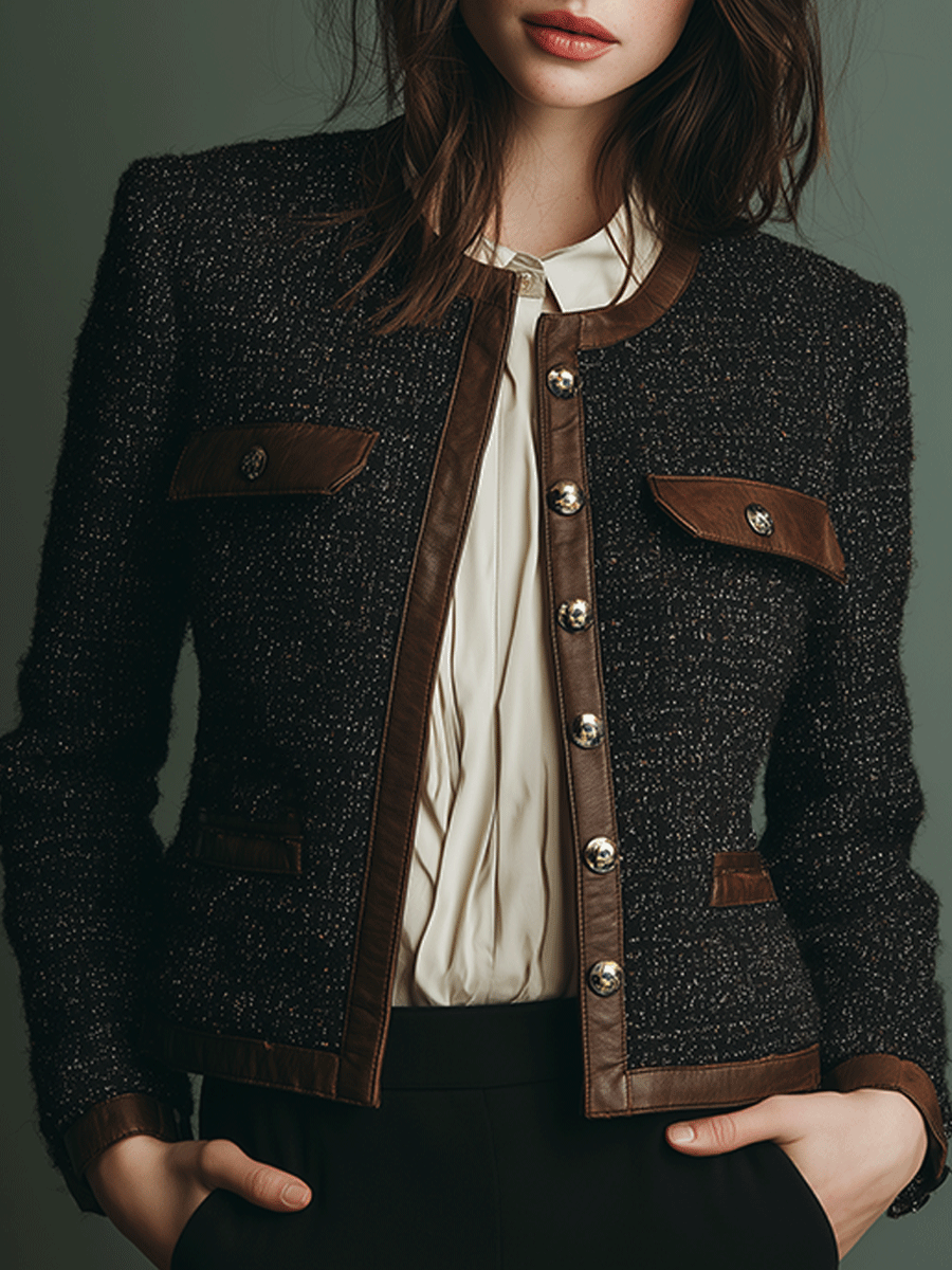 Timeless Vintage Tweed Jacket Featuring Leather Accents