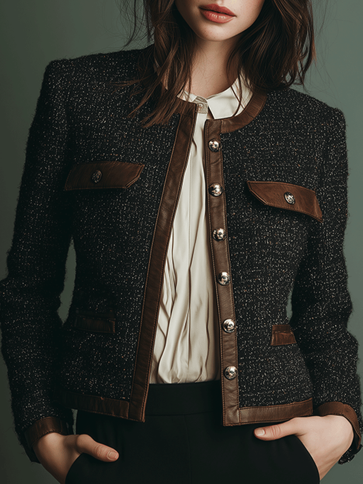 Timeless Vintage Tweed Jacket Featuring Leather Accents