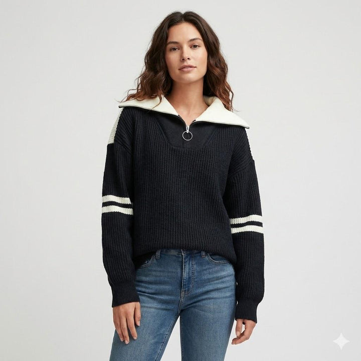 Contrast-Collared Ribbed Knit Sweater with Half Zip