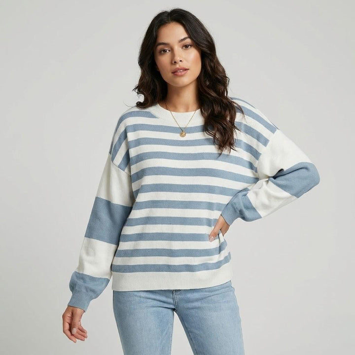Relaxed Fit Knitted Cotton Blend Sweater with Contemporary Stripes