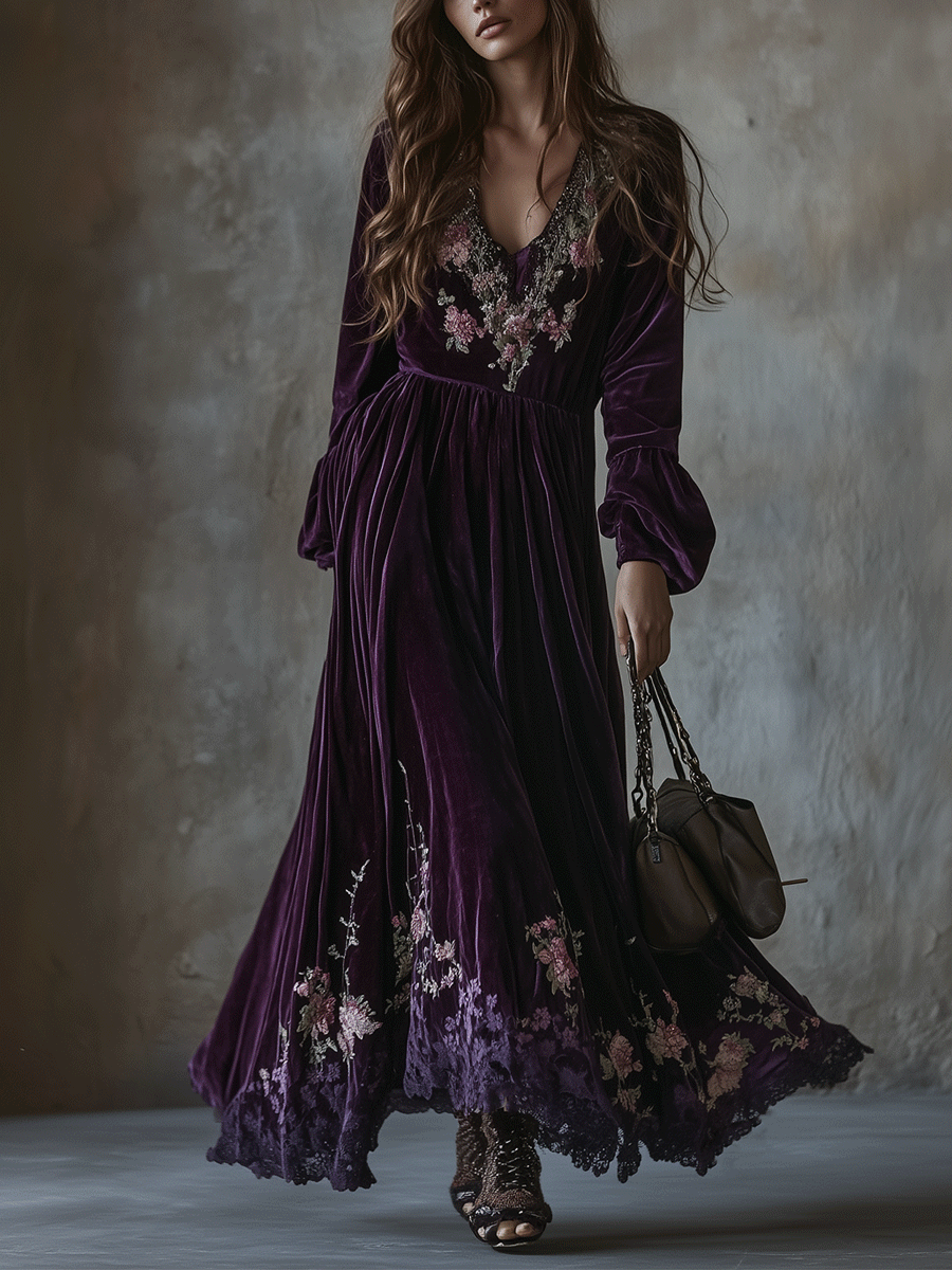 Velvet Maxi Dress Adorned with Embroidered Floral Designs