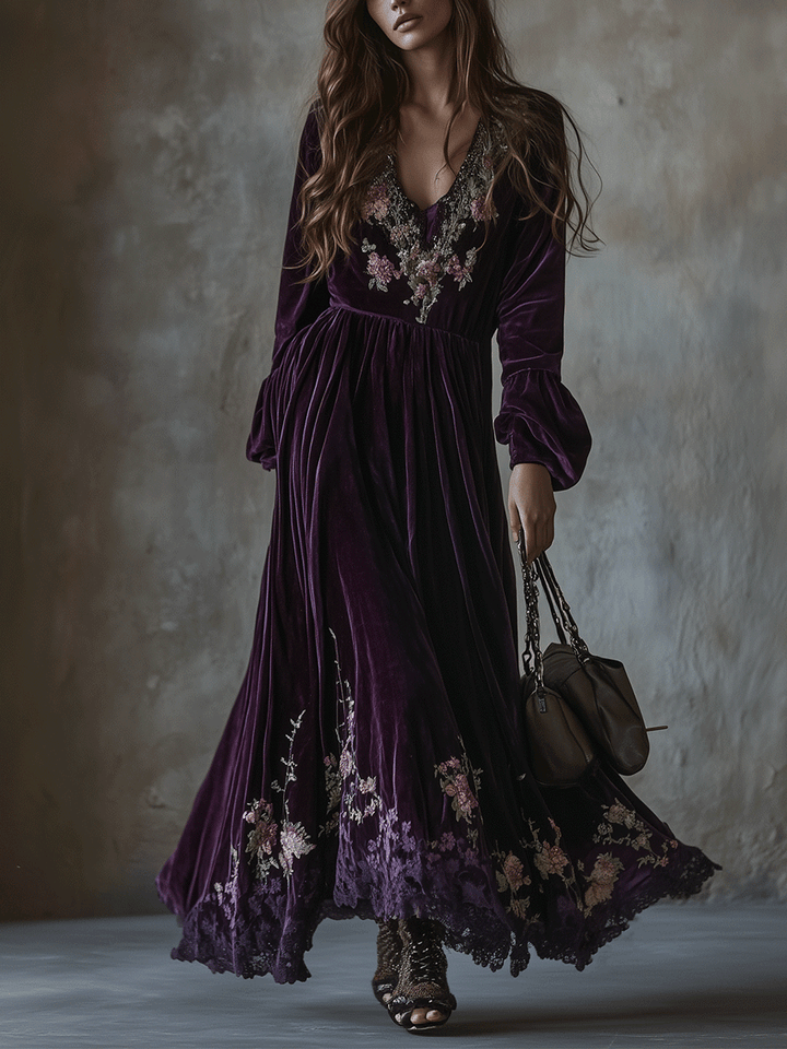 Velvet Maxi Dress Adorned with Embroidered Floral Designs