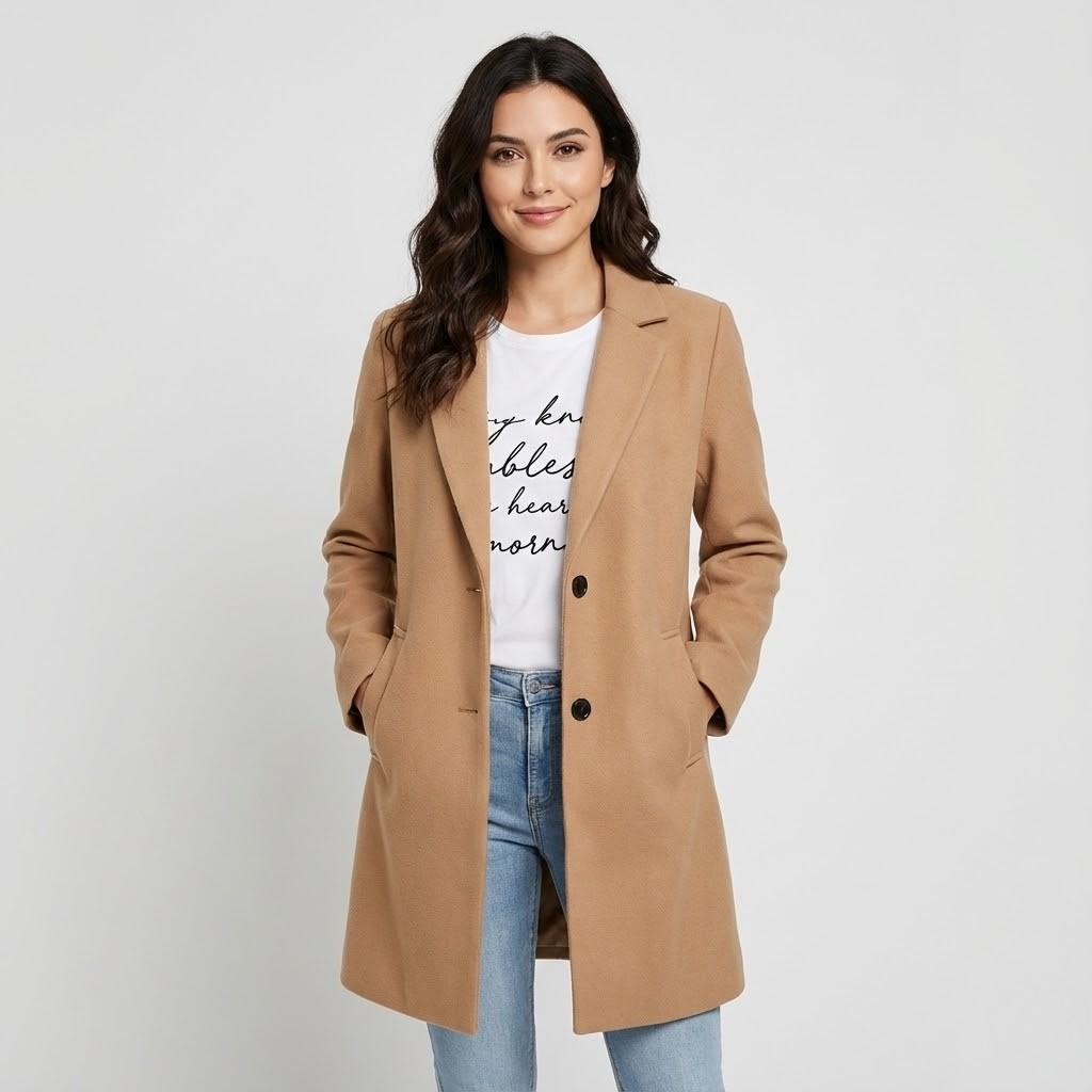 Chic Straight-Cut Coat Crafted from a Luxurious Polyester-Wool Blend with Button Closure