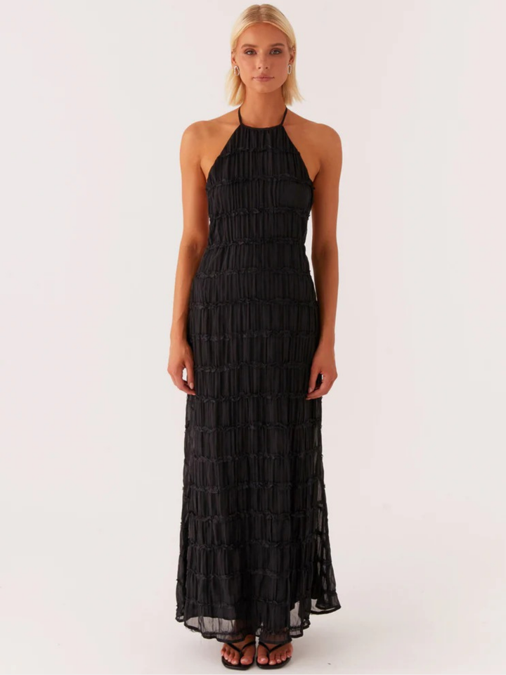 Black Pleated Maxi Dress with Adjustable Straps