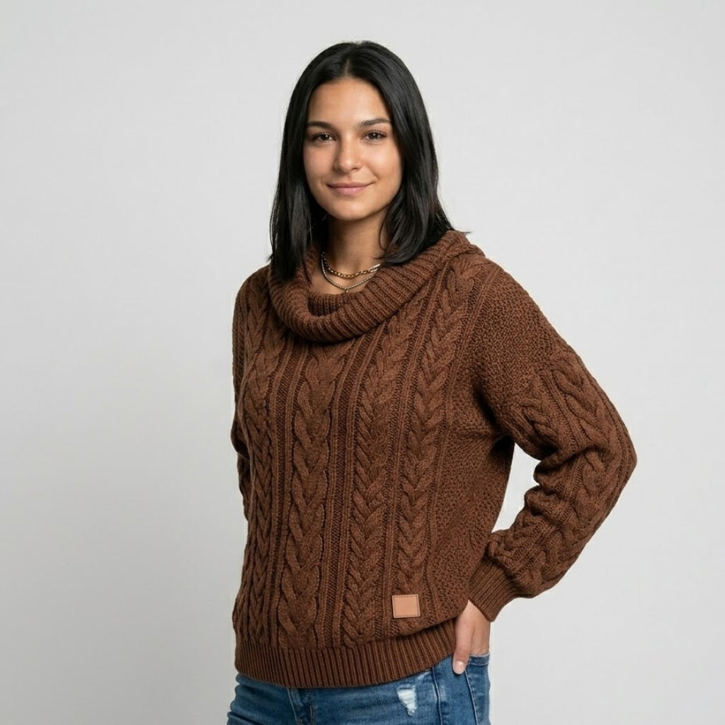 Cozy Cable Knit Sweater with Wide Collar - Acrylic and Polyester Blend