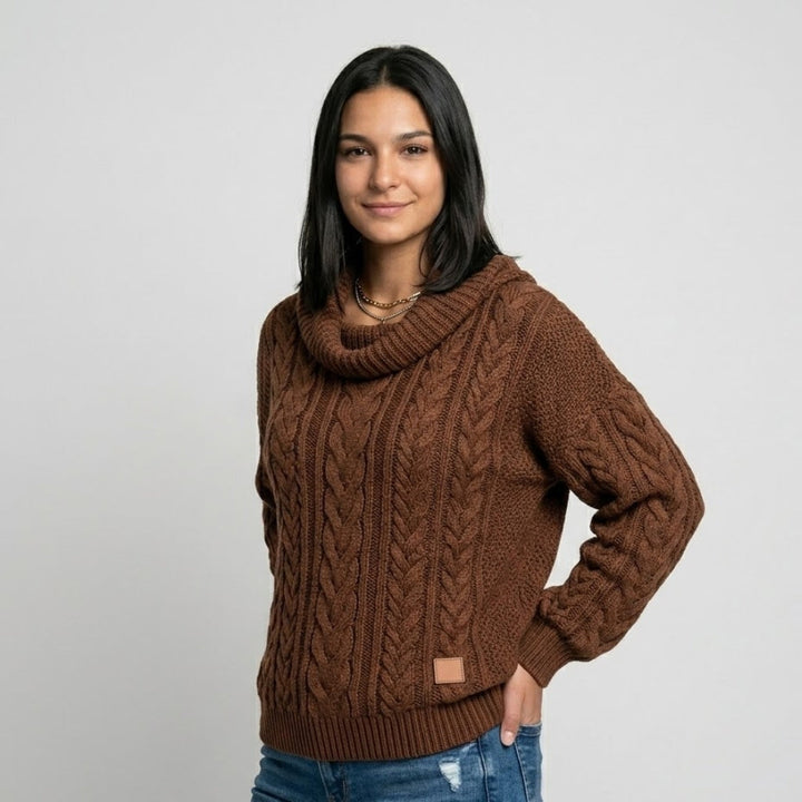 Cozy Cable Knit Sweater with Wide Collar - Acrylic and Polyester Blend