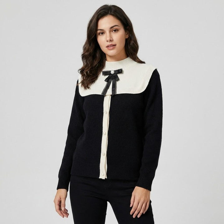 Chic Knitted Sweater with Contrasting Collar and Stylish Bow Detail