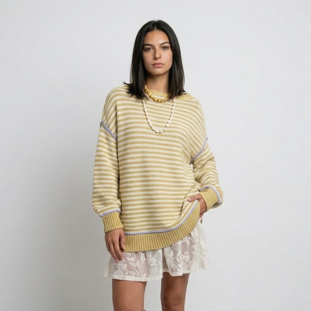 Casual Loose-Fit Cotton Sweater with Eye-Catching Stripes