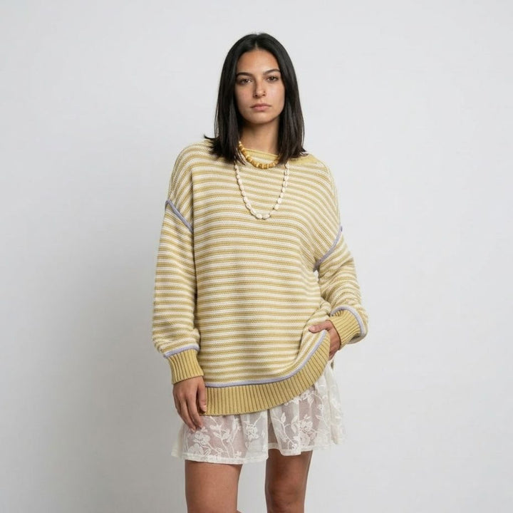 Casual Loose-Fit Cotton Sweater with Eye-Catching Stripes