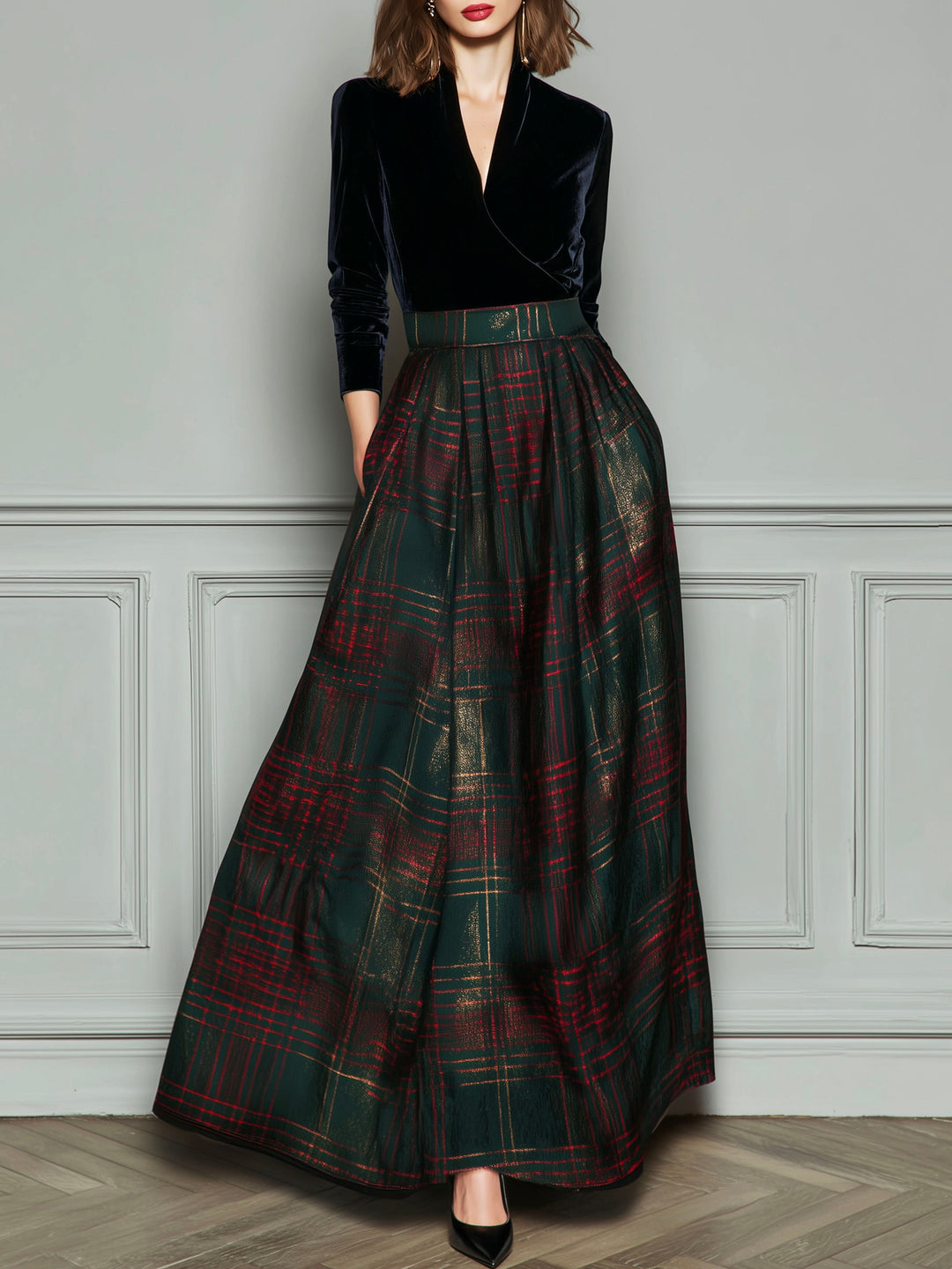 Chic High-Waisted Velvet Evening Gown with Checkered Design and Flared Skirt