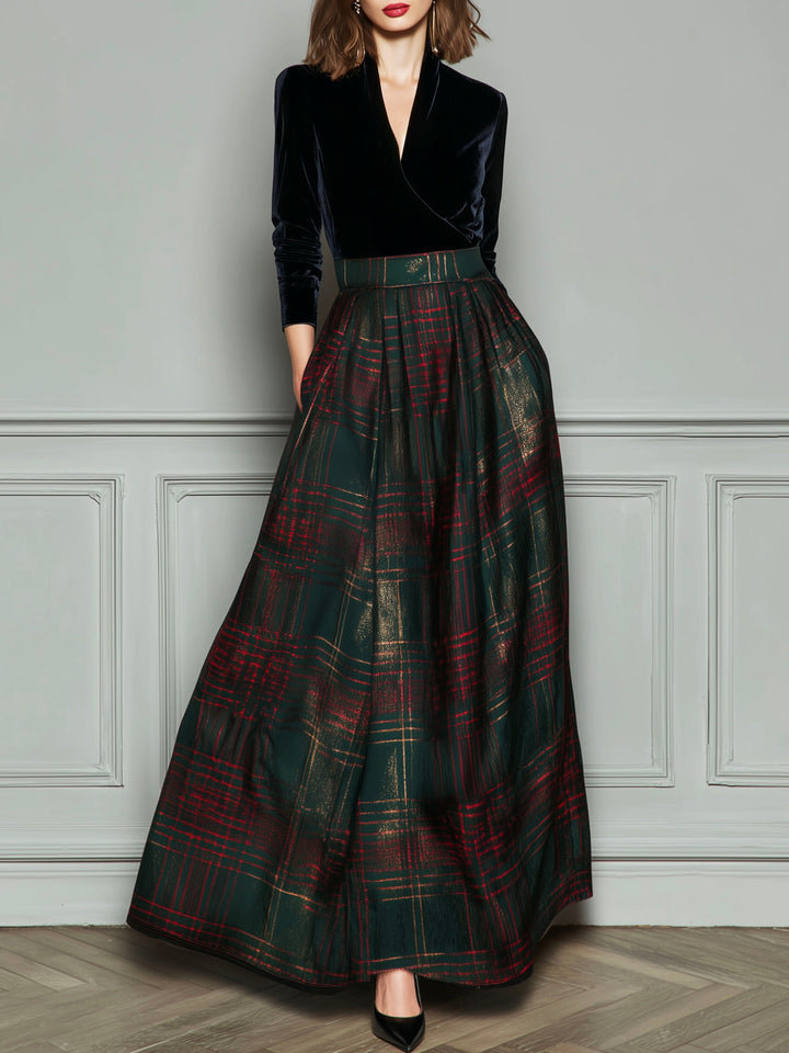 Chic High-Waisted Velvet Evening Gown with Checkered Design and Flared Skirt