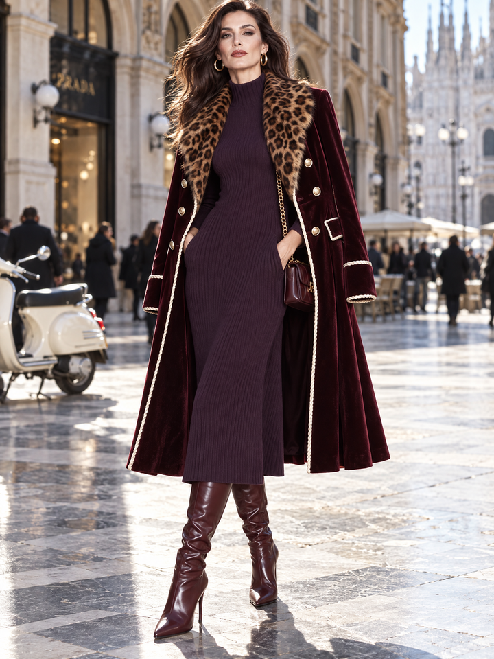 Vintage-Inspired Double-Breasted Velvet Midi Coat with Leopard Print Faux Fur Collar