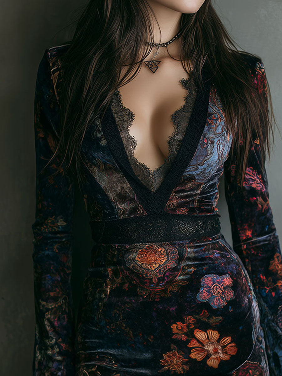 Floral Velvet V-Neck Lace Bodycon Mini Dress