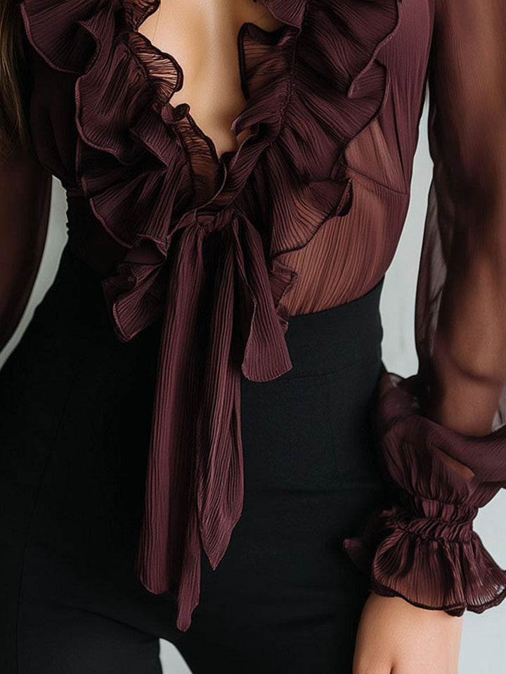 Vintage-Inspired Sheer Blouse with Pleated Details and Front Tie