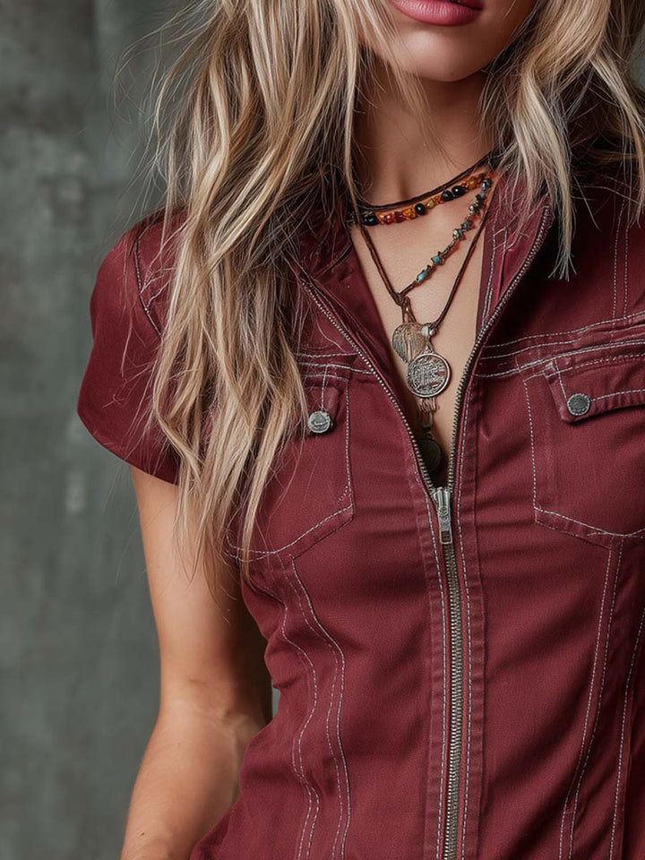 Retro Zip-Front Short-Sleeve Blouse