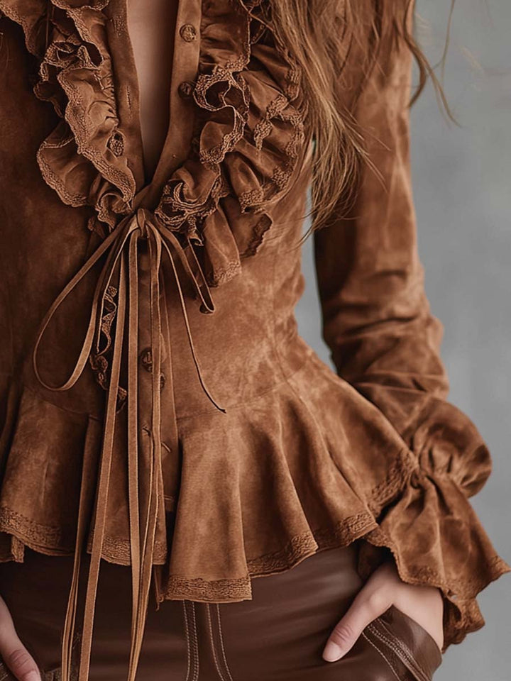 Retro Eco-Conscious Suede Blouse Featuring Lace Details