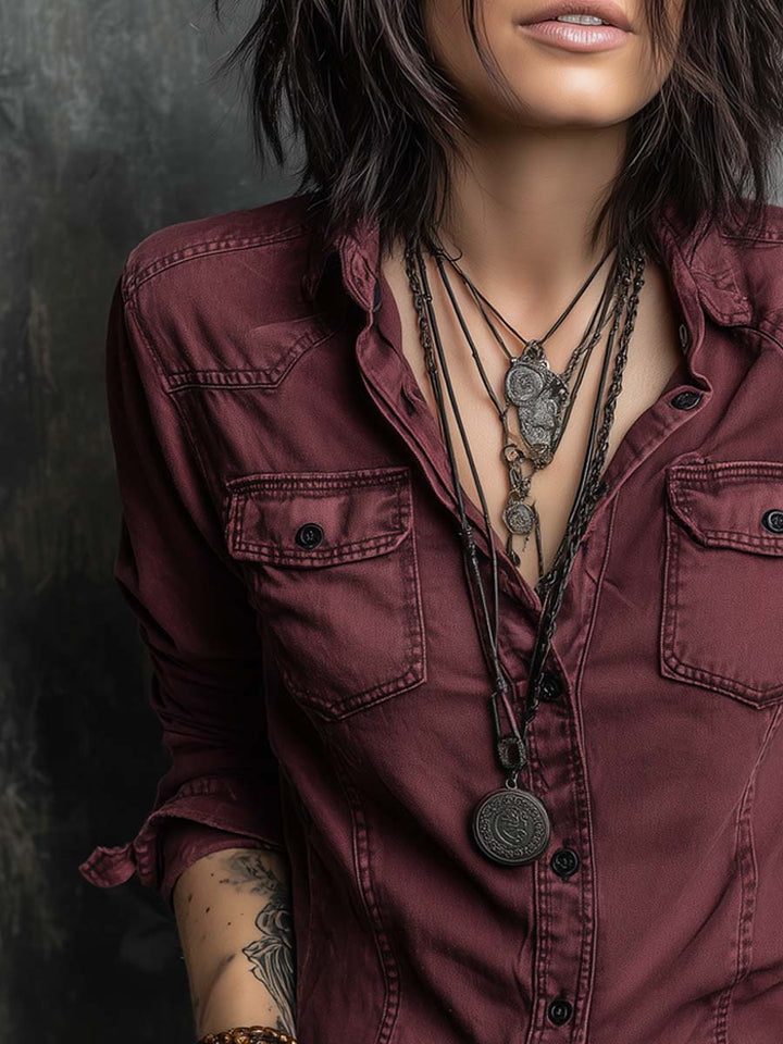 Vintage-Inspired Long Sleeve Denim Shirt with Chest Pocket