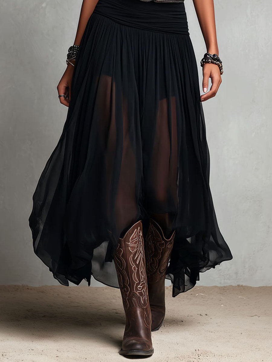 Black Bohemian Western Maxi Dress with Sheer Overlay