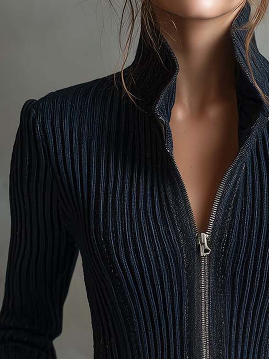 Embroidered Ribbed Jacket with Metallic Finish
