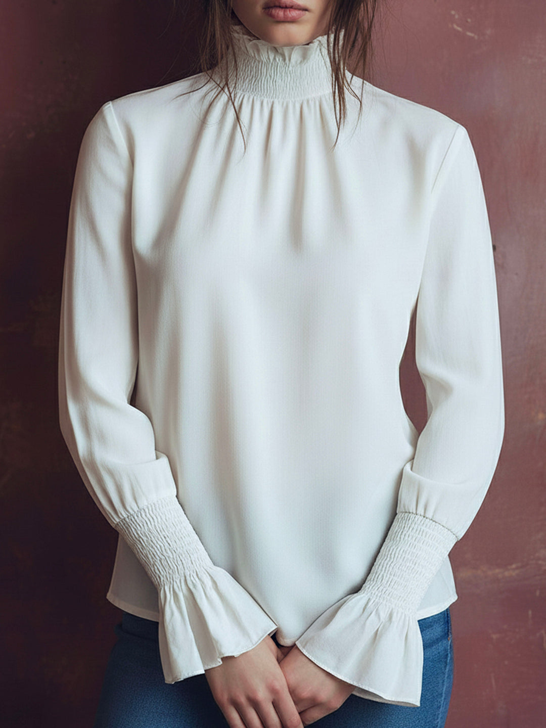 Chic High-Neck White Blouse with Smyrna Cuffs