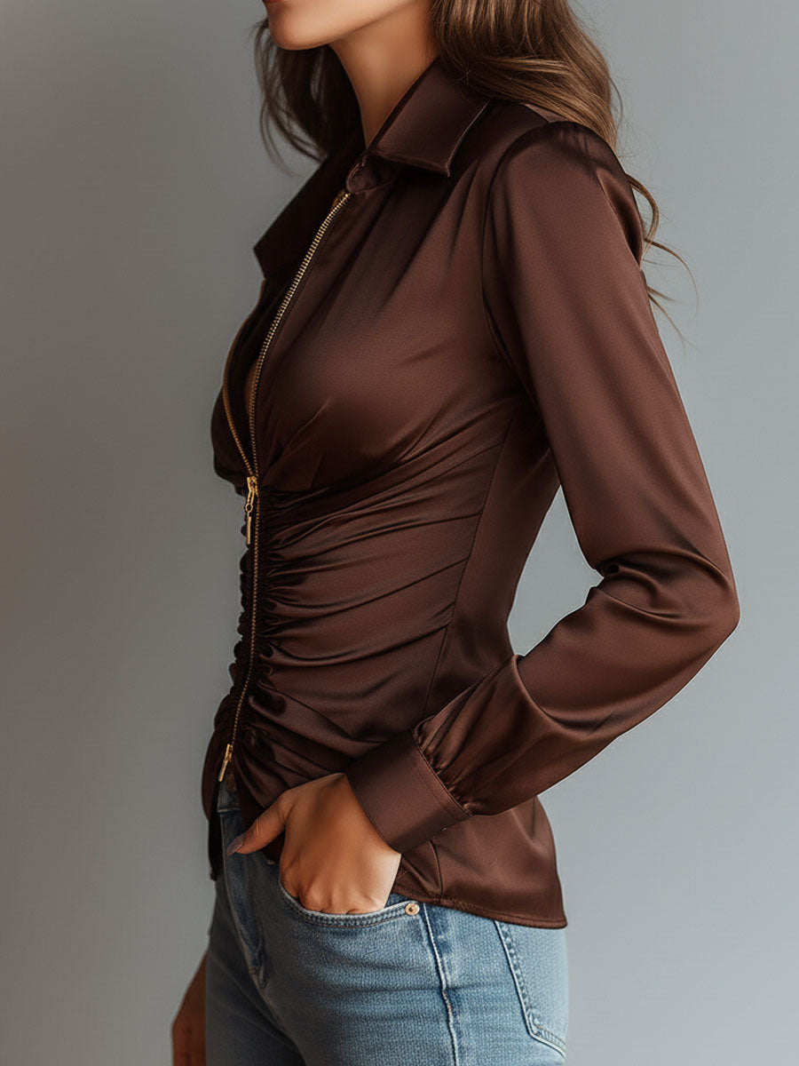 Glossy Mocha Satin Zip-Up Blouse