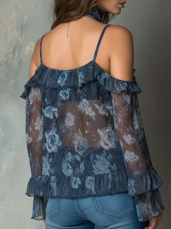 Strapless Boho Night Blue Blouse with Ruffled Accents and Sheer Details