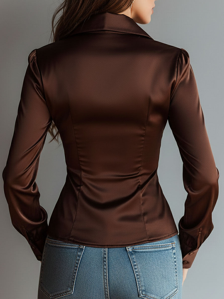 Glossy Mocha Satin Zip-Up Blouse