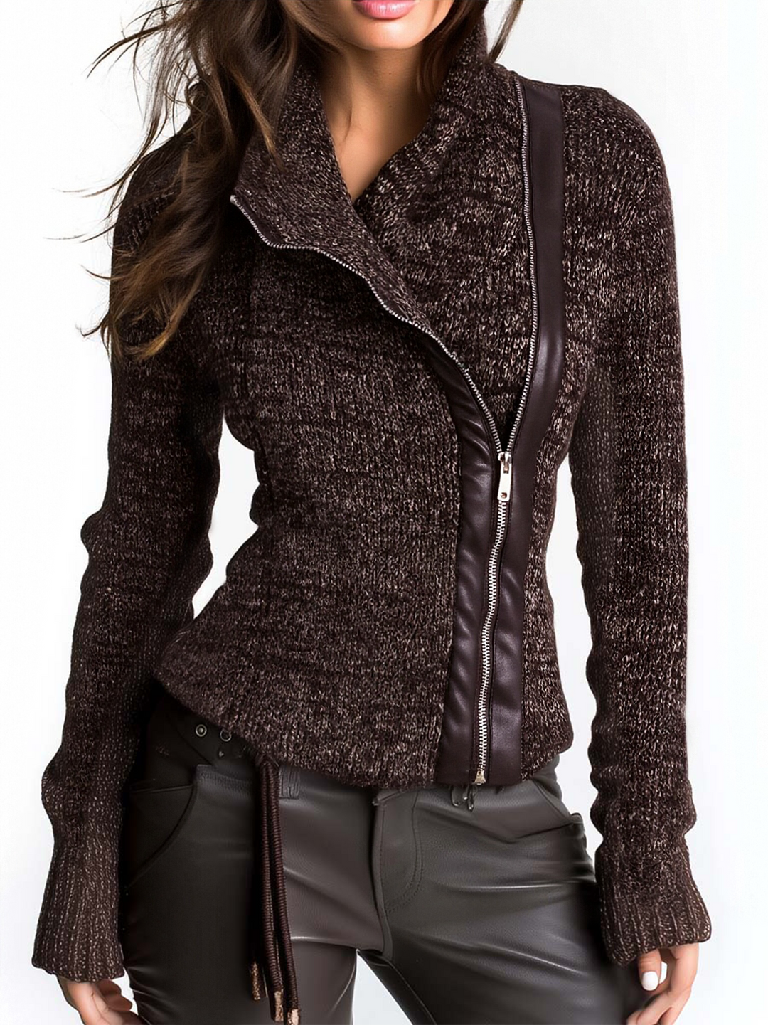 Brown Asymmetrical Zip-Up Ribbed Jacket