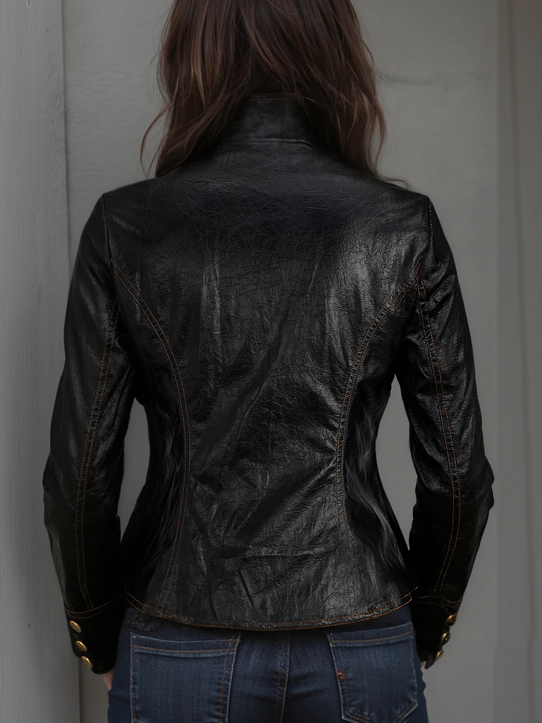 Vintage-Inspired PU Jacket with Metal Accents and Stitched Collar