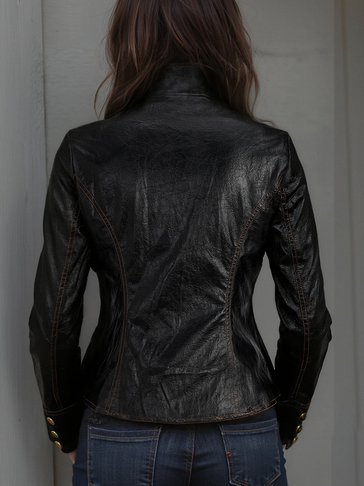 Vintage-Inspired PU Jacket with Metal Accents and Stitched Collar