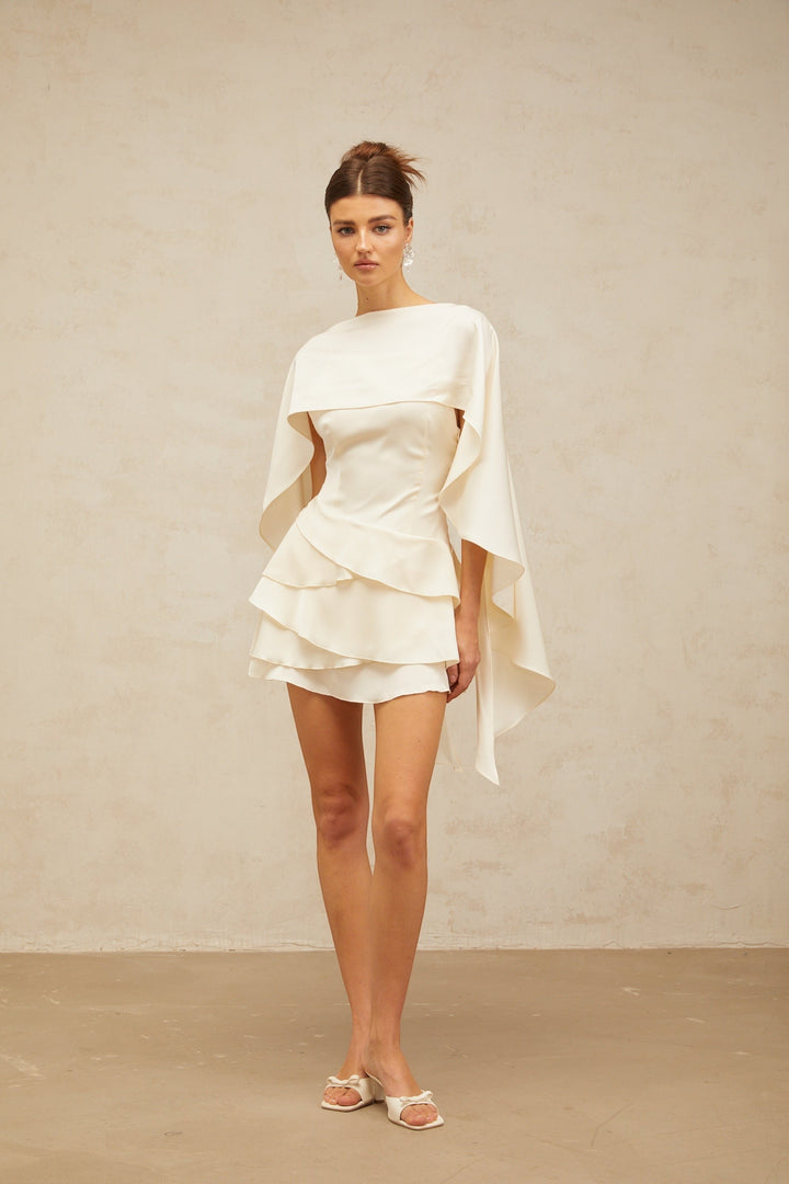 Mini Satin Dress with Lace Layers and Salon Details
