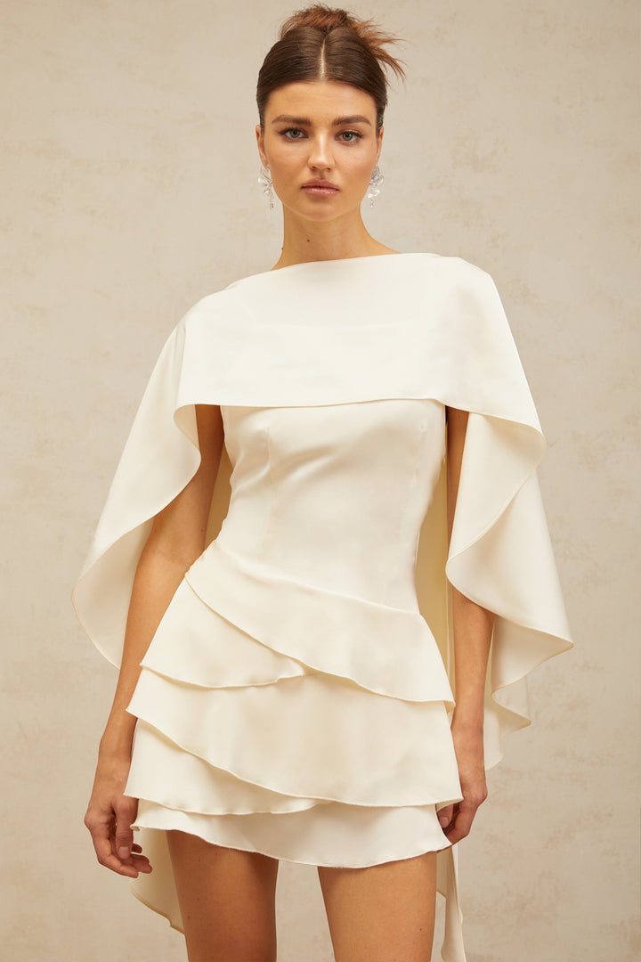 Mini Satin Dress with Lace Layers and Salon Details