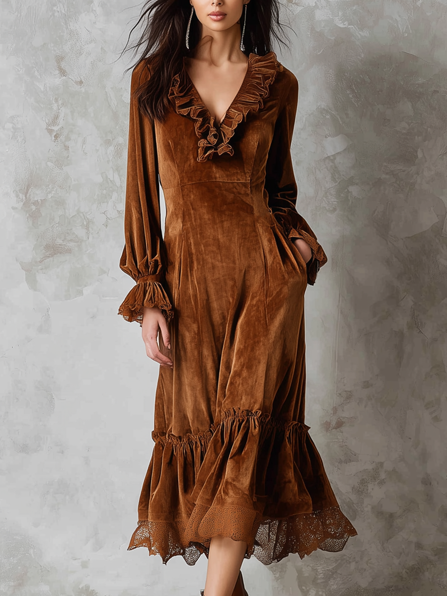 Eco-Friendly Velvet Retro Midi Dress with Lace and Stitch Details