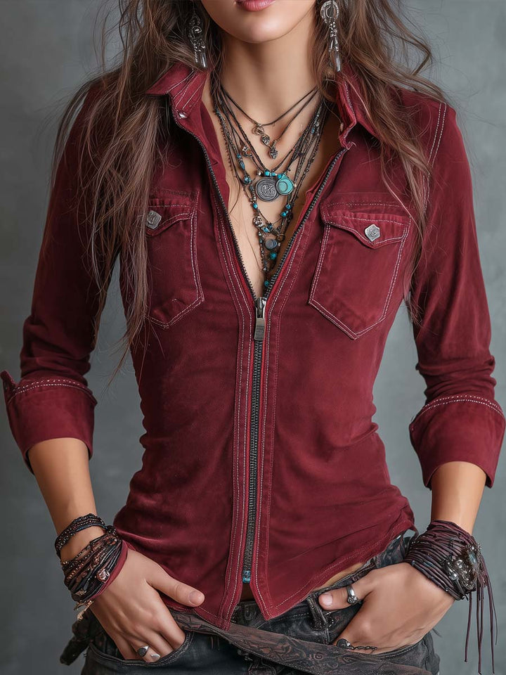 Retro Denim Shirt Featuring Zipper and Flash Pockets