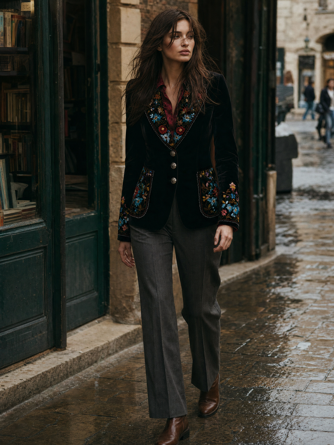 Lace-Trimmed Burgundy Satin Blouse