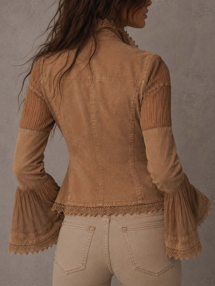 Vintage Bohemian Lace Jacket with Patchwork Pockets and Sheer Long Sleeves