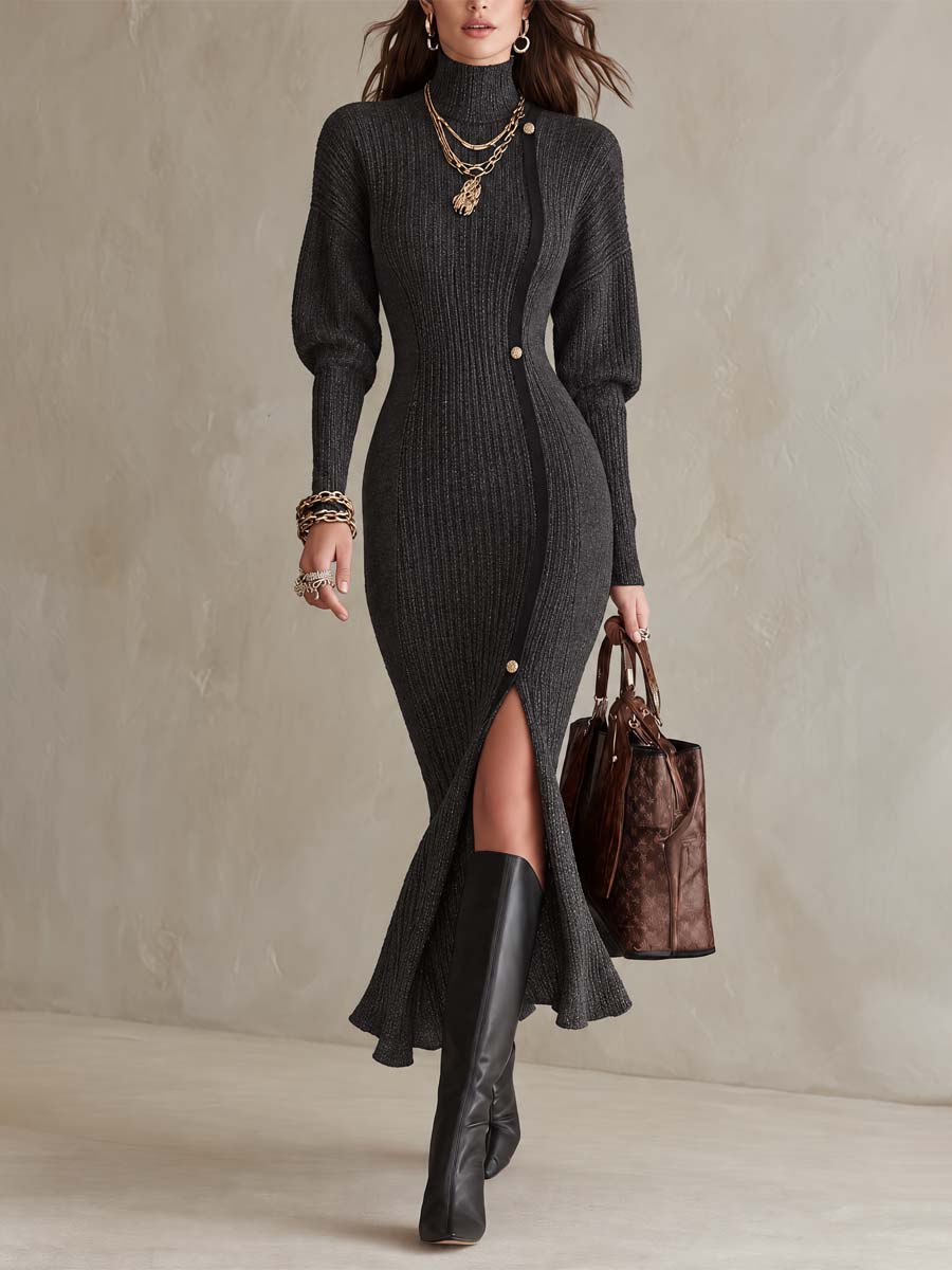 Women's Black Ribbed Short Sleeve Dress with High Neck, Gold Button Accents, and Front Split
