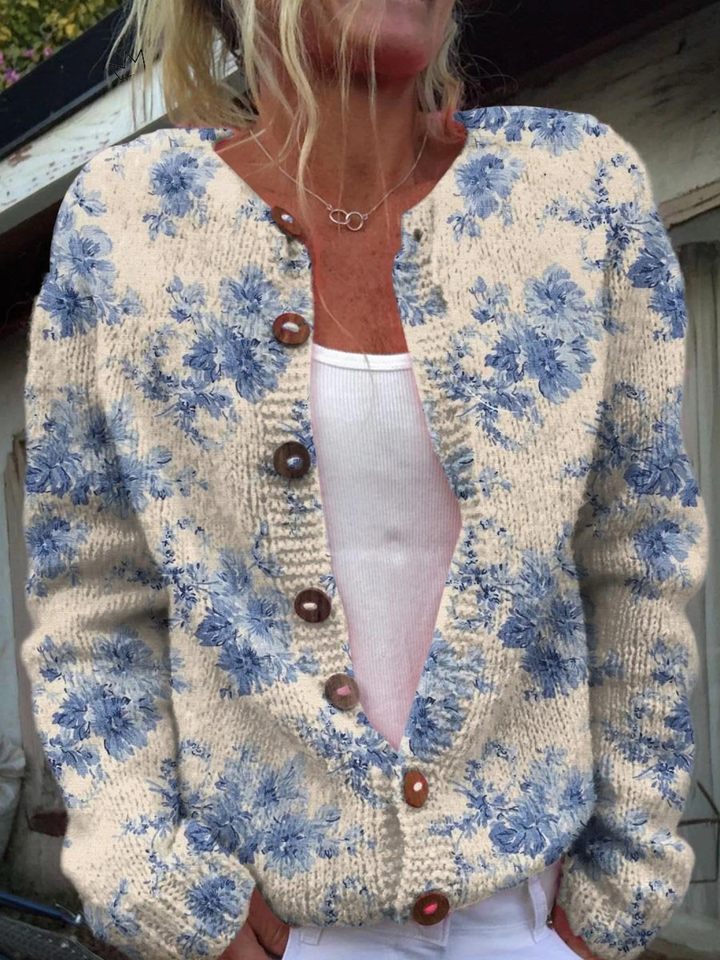 Floral Knitted Cardigan with Buttons