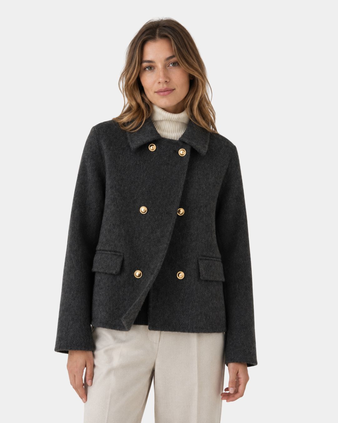 Short Double-Breasted Coat Featuring Elegant Gold Buttons