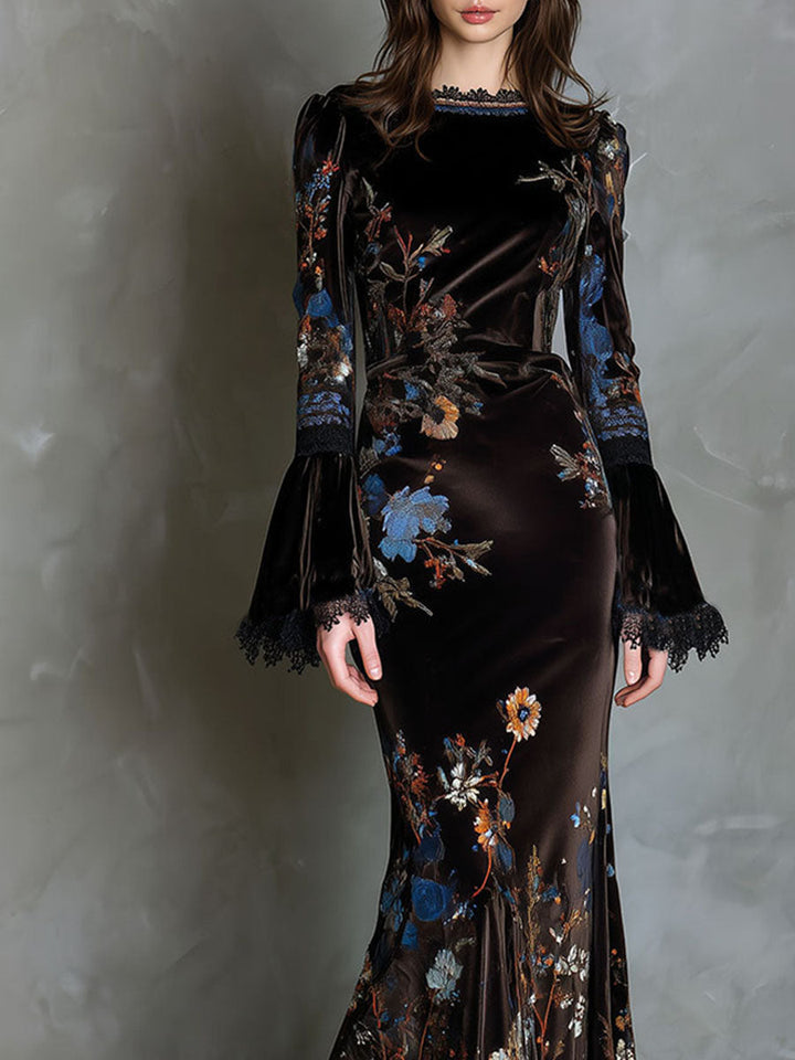 Midnight Velvet Elegance Dress with Floral and Lace Accents