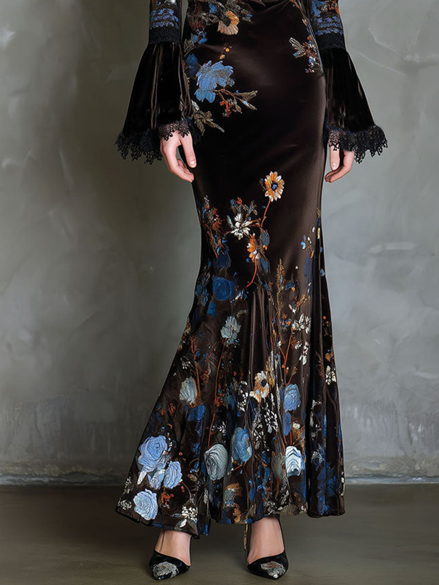 Midnight Velvet Elegance Dress with Floral and Lace Accents