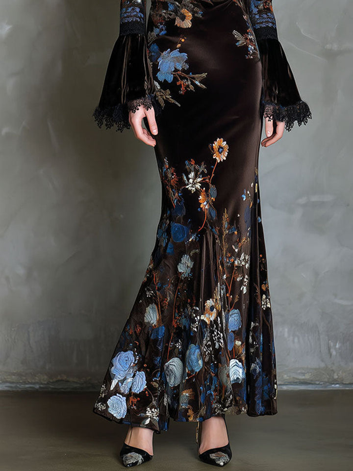 Midnight Velvet Elegance Dress with Floral and Lace Accents
