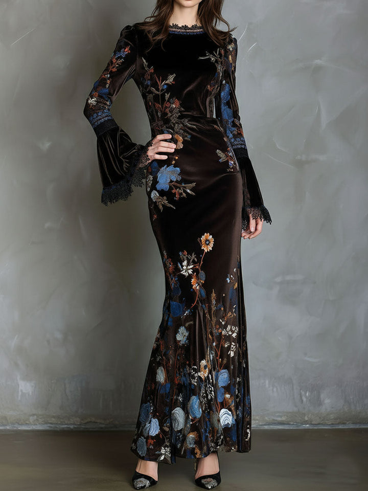Midnight Velvet Elegance Dress with Floral and Lace Accents