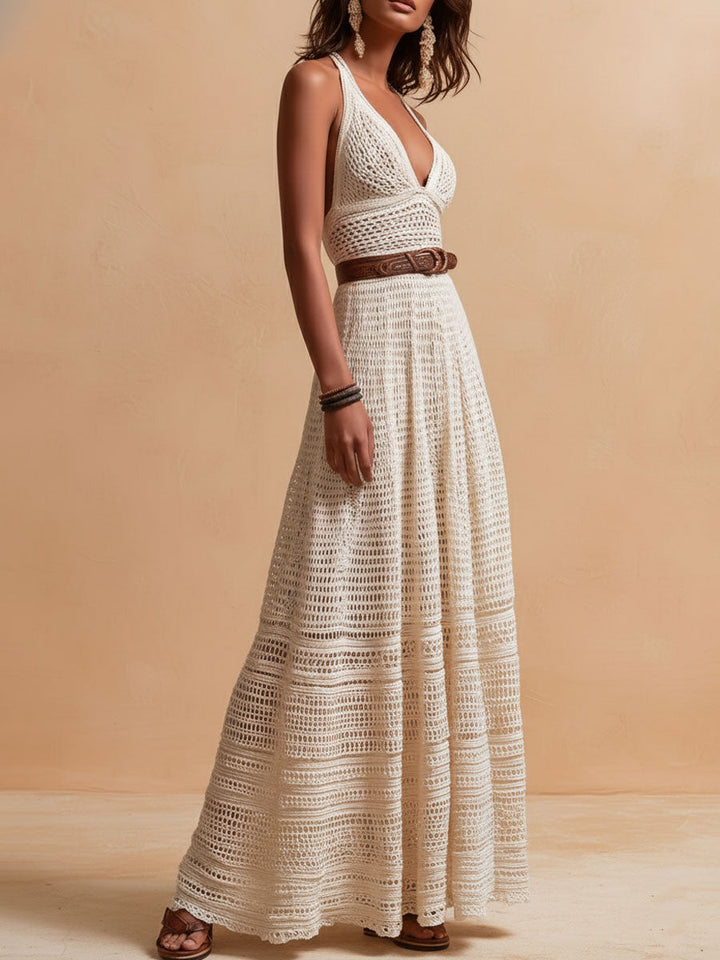 Elephant-Colored Handmade Maxi Dress with Crochet Detail and Waist Belt