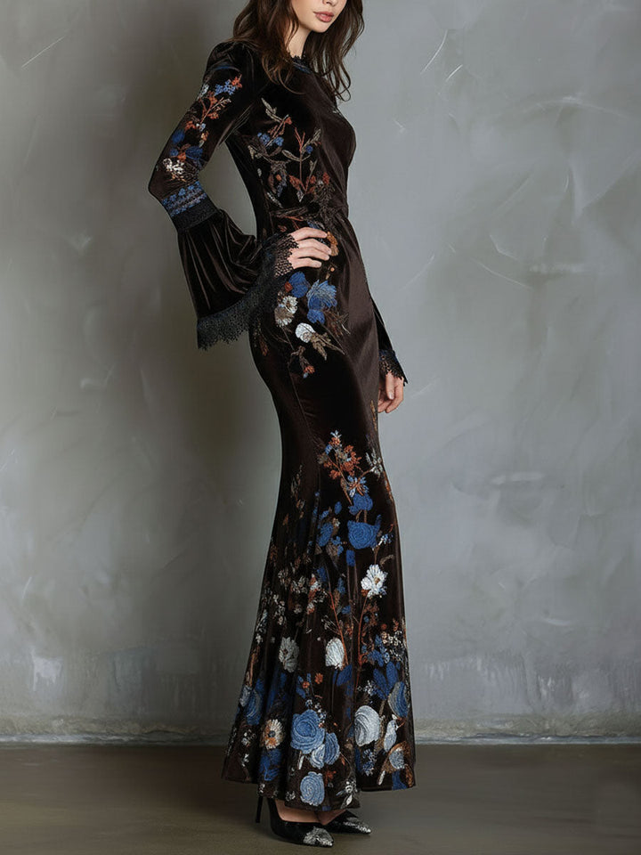 Midnight Velvet Elegance Dress with Floral and Lace Accents