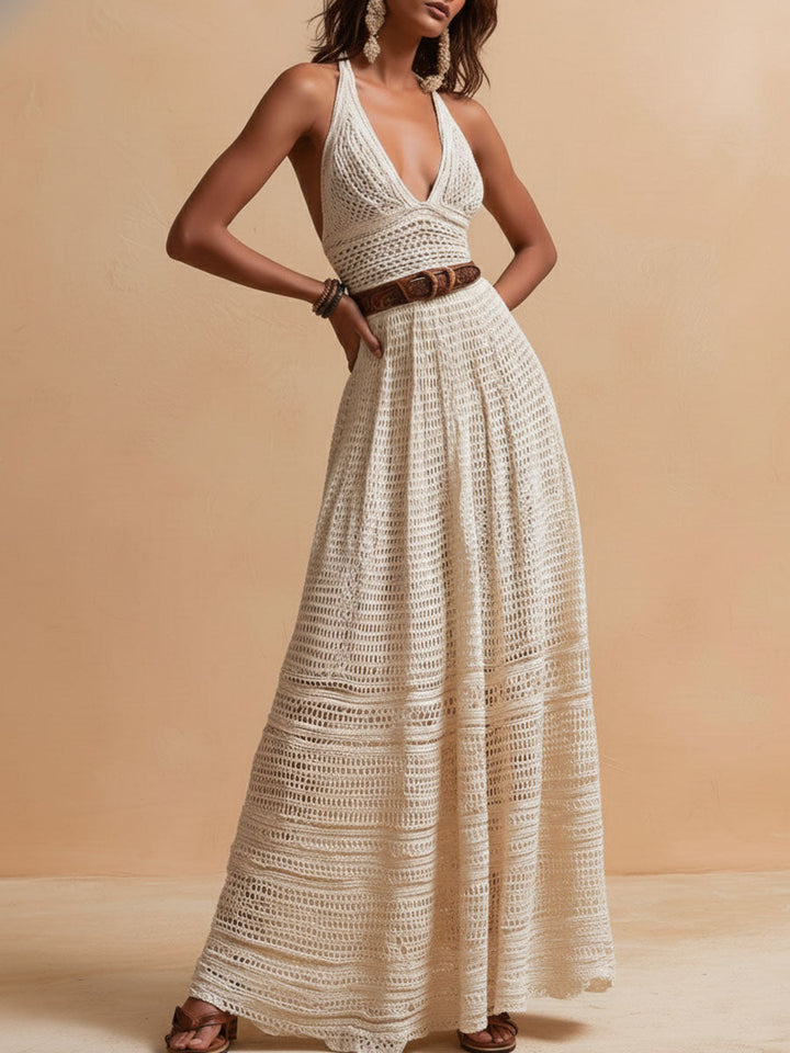 Elephant-Colored Handmade Maxi Dress with Crochet Detail and Waist Belt