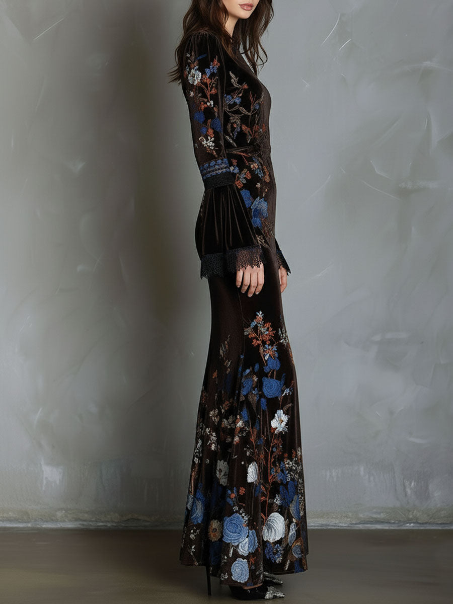 Midnight Velvet Elegance Dress with Floral and Lace Accents